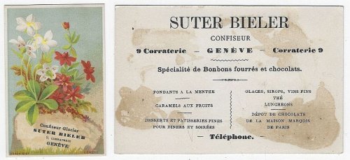 VICTORIAN TRADE CARD FOR SUTER BIELER, ICE CREAM CONFECTIONER WITH FLOWERS