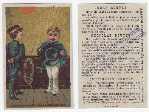 VICTORIAN TRADE CARD FOR BOUTRY CANDIES WITH SAILORS AND HALF MOON