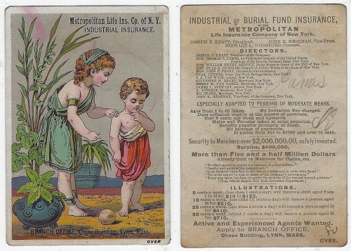 VICTORIAN TRADE CARD FOR THE METROPOLITAN LIFE INSURANCE COMPANY WITH CLASSICAL BOY AND GIRL
