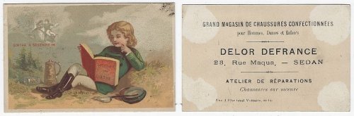 VICTORIAN TRADE CARD FOR GRAND MAGASIN DE CHAUSSURES CONFECTIONNEES WITH YOUNG BOY READING GOETHE