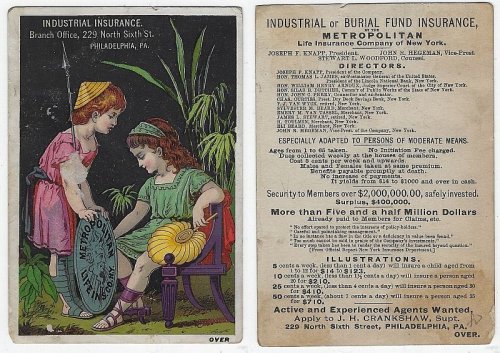 VICTORIAN TRADE CARD FOR THE METROPOLITAN LIFE INDUSTRIAL INSURANCE COMPANY WITH CLASSICAL BOY AND GIRL