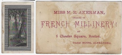 VICTORIAN TRADE CARD FOR MISS M. E. AKERMAN, FRENCH MILLINERY, BOSTON
