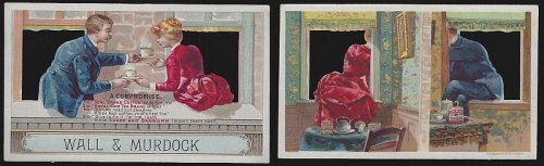 VICTORIAN DIE CUT TRADE CARD FOR SEAL BRAND COFFEE AND ROYAL GEM TEA WITH MAN AND LADY SITTING IN OPEN WINDOWS