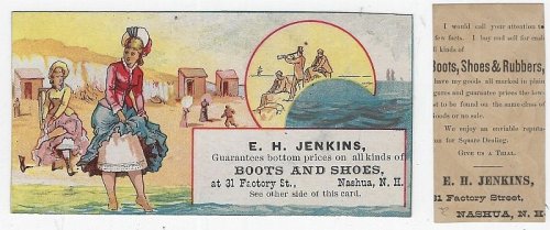 VICTORIAN TRADE CARD FOR JENKINS' BOOTS AND SHOES WITH LADIES AT BEACH