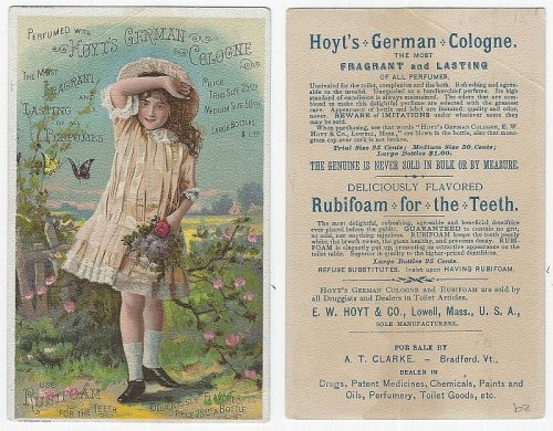 VICTORIAN TRADE CARD PERFUMED WITH HOYT'S GERMAN COLOGNE WITH YOUNG GIRL