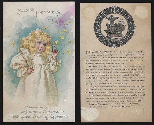 VICTORIAN TRADE CARD FOR MAGEE FURNACE WITH LOVELY YOUNG GIRL AND BUTTERFLIES