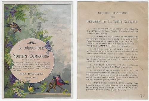 VICTORIAN TRADE CARD FOR YOUTH'S COMPANION, BOSTON MASSACHUSETTS WITH BIRDS