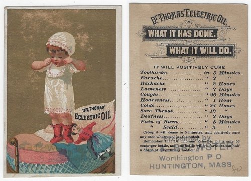 VICTORIAN TRADE CARD FOR DR. THOMAS' ECLECTRIC OIL WITH LITTLE GIRL AND DOLL