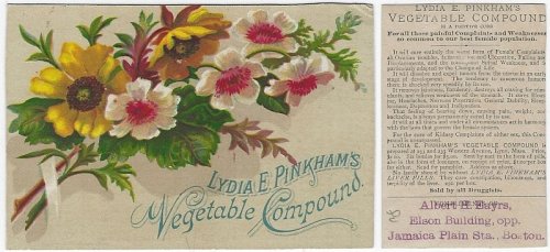 VICTORIAN TRADE CARD FOR LYDIA PINKHAM WITH FLOWERS