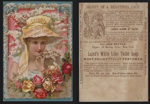 VICTORIAN TRADE CARD FOR LAIRD'S WHITE LILAC SOAP WITH LOVELY LADY
