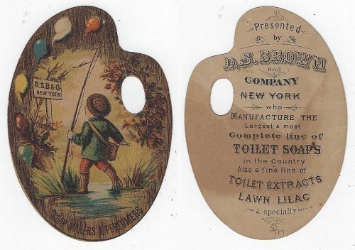 VICTORIAN DIE CUT ARTIST PALETTE TRADE CARD FOR D. S. BROWN SOAPS WITH BOY FISHING