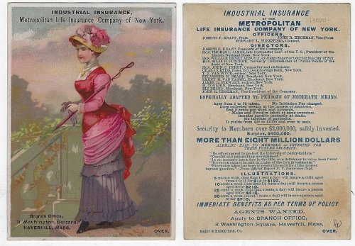 VICTORIAN TRADE CARD FOR THE METROPOLITAN LIFE INSURANCE COMPANY WITH LOVELY LADY WALKING OUTSIDE