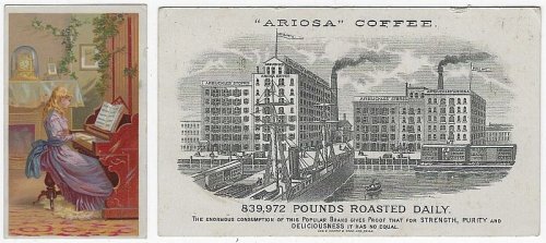 VICTORIAN TRADE CARD FOR ARBUCKLE ARIOSA. COFFEE, YOUNG GIRL PLAYING PIANO