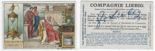 VICTORIAN TRADE CARD FOR LIEBIG COMPANY'S FLEISCH-EXTRACT WITH HOUR GLASS AND A GREEK SCHOLAR OF ANTIQUITY
