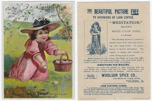 LION COFFEE VICTORIAN TRADE CARD WITH LITTLE GIRL EASTER EGG ROLLING WHITE HOUSE LAWN