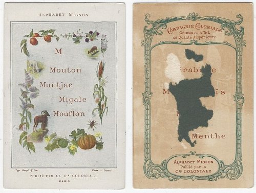 VICTORIAN TRADE CARD FOR COMPAGNIE COLONIALE CHOCOLATE ALPHABET LETTER M