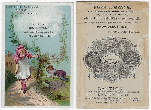 VICTORIAN TRADE CARD FOR EDWIN C. BURT FINE SHOES WITH BOY AND GIRL HIDE AND SEEK OUTSIDE