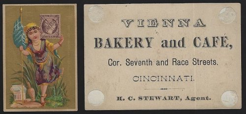 VICTORIAN TRADE CARD FOR VIENNA BAKERY AND CAFE, CINCINNATI, OHIO WITH LOVELY LADY FROM GREECE