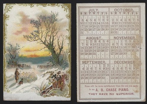 VICTORIAN TRADE CARD FOR A. B. CHASE PIANO WITH LANDSCAPE AND CALENDAR