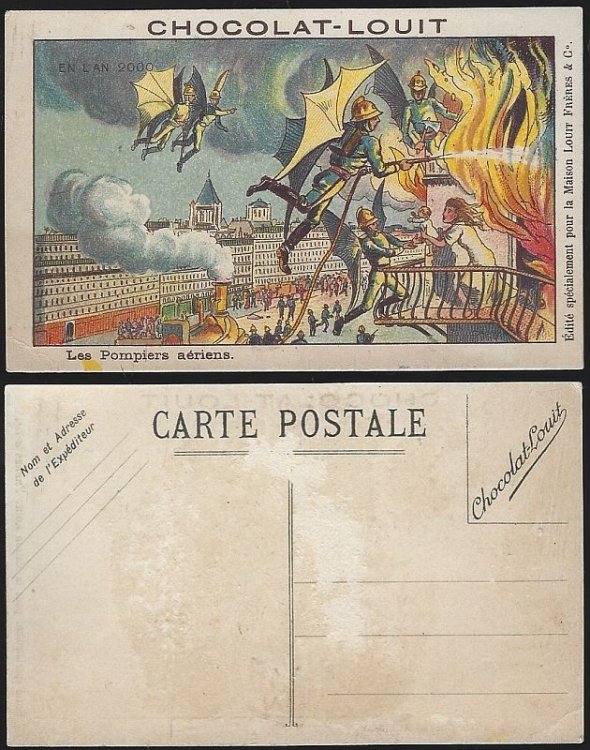 VICTORIAN TRADE CARD FOR CHOCOLAT LOUIT LES POMPIERS AERIENS, AERIAL FIREFIGHTERS