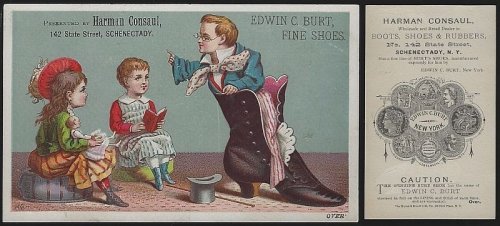 VICTORIAN TRADE CARD FOR EDWIN C. BURT FINE SHOES WITH BOY IN SHOE GIVING SPEECH TO GIRLS AND DOLL