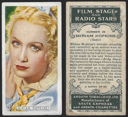 VINTAGE ARDATH CIGARETTE CARD WITH MIRIAM HOPKINS