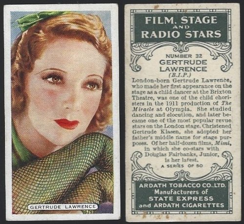 VINTAGE ARDATH CIGARETTE CARD WITH GERTRUDE LAWRENCE