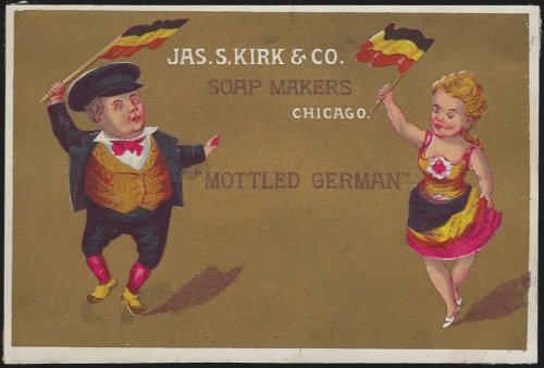 VICTORIAN TRADE CARD FOR J S KIRK SOAPS WITH MOTTLED GERMAN