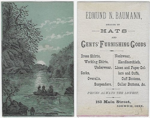 VICTORIAN TRADE CARD FOR EDMUND N. BAUMANN, NORWICH, CONNECTICUT WITH ON THE SUSQUEHANNA