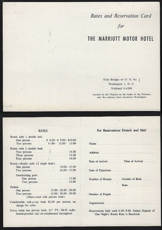MARRIOTT MOTEL HOTEL, WASHINGTON DC RATES AND RESERVATION CARD