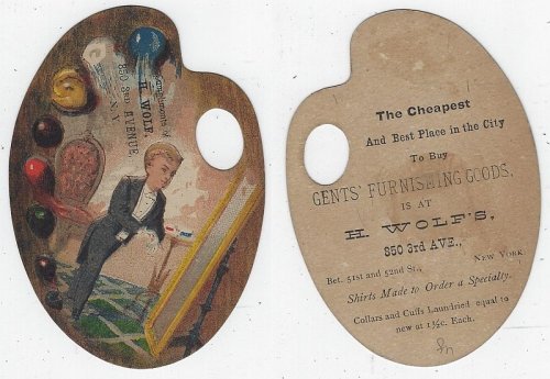 VICTORIAN DIE CUT ARTIST PALETTE TRADE CARD FOR H. WOLF'S GENTS' FURNISHING GOODS WITH DAPPER MAN