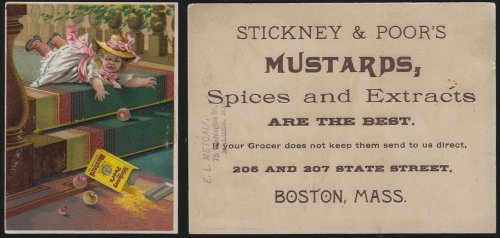 VICTORIAN TRADE CARD FOR STICKNEY AND POOR'S MUSTARDS WITH CRYING CHILD WHO HAS FALLEN
