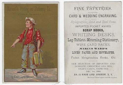 VICTORIAN TRADE CARD FOR MERCANTILE PRINTING AND STATIONARY CO.,NEW YORK WITH SHOE SHINE BOY