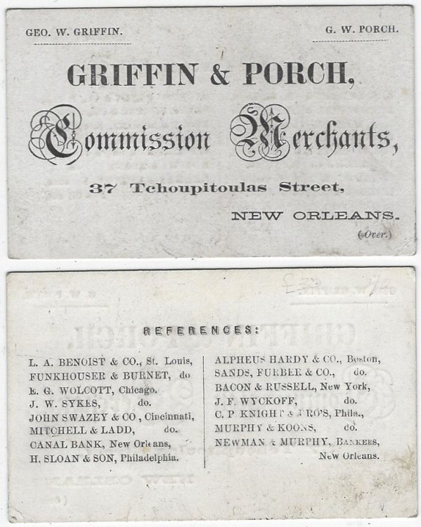 VICTORIAN BUSINESS CARD FOR GRIFFIN AND PORCH, COMMISSION MERCHANTS, NEW ORLEANS, LOUISIANA
