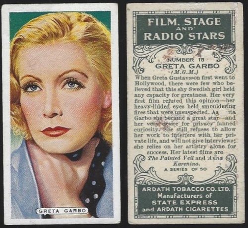 VINTAGE ARDATH CIGARETTE CARD WITH GRETA GARBO