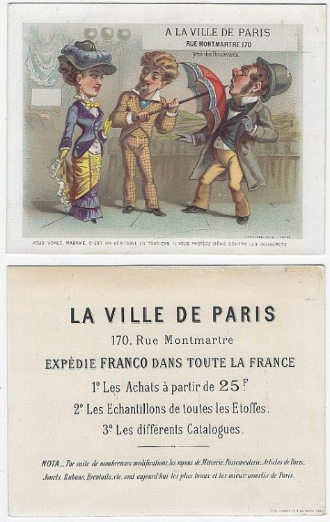 VICTORIAN TRADE CARD FOR A LA VILLE DE PARIS, WITH LOVELY LADY AND SALESMAN