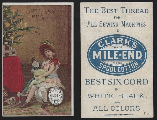 VICTORIAN TRADE CARD FOR CLARK'S THREAD WITH LITTLE GIRL WITH HER DOLL AND CHRISTMAS TREE