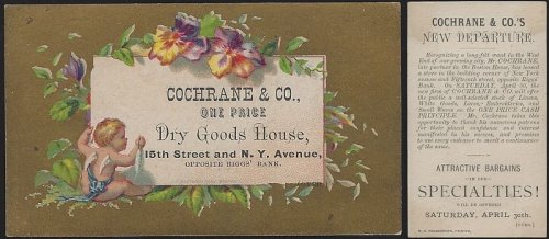 VICTORIAN TRADE CARD FOR COCHRANE & CO. DRY GOODS HOUSE WITH CHERUB AND FLOWERS
