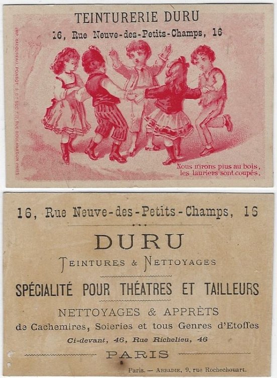 VICTORIAN TRADE CARD FOR DURU TEINTURES AND NETTOYAGES, PARIS WITH DANCING CHILDREN