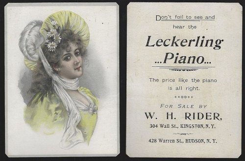VICTORIAN TRADE CARD FOR LECKERLING PIANO WITH LOVELY LADY
