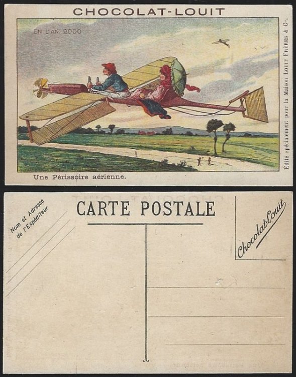 VICTORIAN TRADE CARD FOR CHOCOLAT LOUIT UNE PERISSOIRE AERIENNE, PERSONAL AIRPLANE
