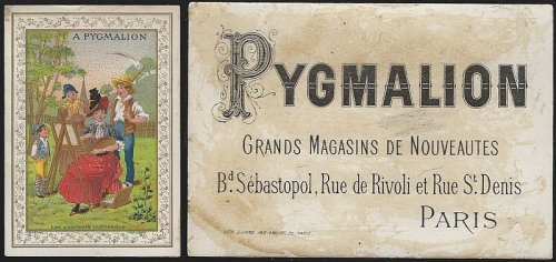 VICTORIAN TRADE CARD FOR PYGMALION STORE, PARIS WITH LADY PAINTER AND BOYS