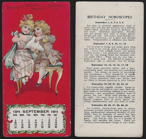 VICTORIAN TRADE CARD FOR SYRACUSE HERALD CARRIERS GREETINGS, COLONIAL COUPLE WITH SEPTEMBER 1911 CALENDAR