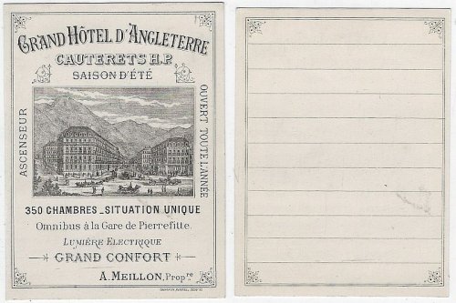 VICTORIAN TRADE CARD FOR GRAND HOTEL D'ANGLETERRE, CAUTERETS, FRANCE