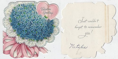 VINTAGE VALENTINE CARD WITH BLUE FLOWER BOUQUET