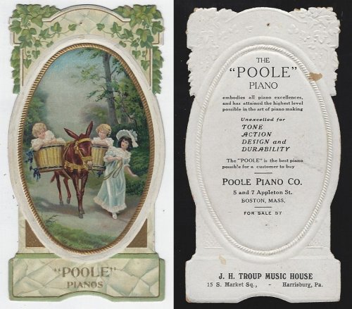 VICTORIAN DIE CUT TRADE CARD FOR POOLE PIANOS WITH CHILDREN RIDING DONKEY