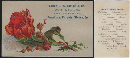 VICTORIAN TRADE CARD FOR EDWARD A. SMITH, FURNITURE, PHILADELPHIA WITH FLOWERS