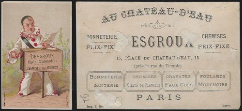 VICTORIAN TRADE CARD FOR DESGROUX CHEMISES WITH PIERROT PLAYING HAND ORGAN