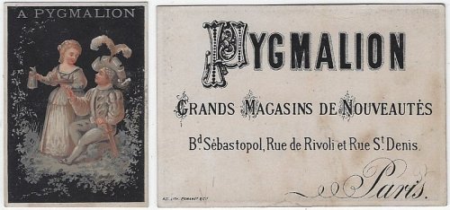 VICTORIAN TRADE CARD FOR PYGMALION STORE, PARIS WITH LOVELY LADY SERVING FOOD AND DRINK TO KNIGHT