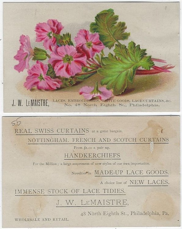 VICTORIAN TRADE CARD FOR J. W. LEMAISTRE LACE GOODS WITH PINK FLOWERS